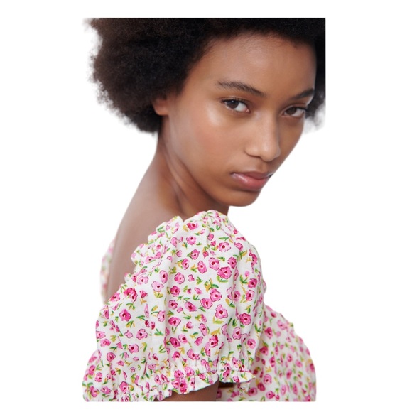 Zara Linen Blend White & Pink Floral Mini Dress Size Medium - Picture 4 of 9